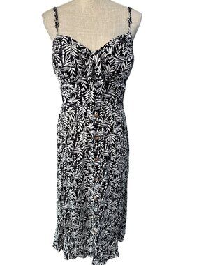 A.U.W Black & White Leaf Print Midi Dress XL Adjustable Spaghetti Straps Button